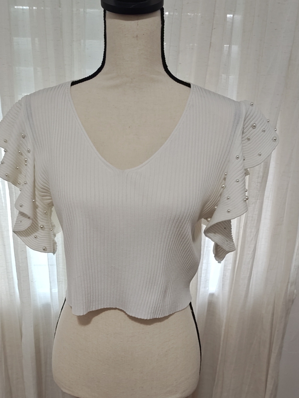 Pearl-Embellished White Ribbed V-Neck Top